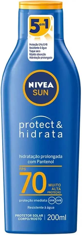 NIVEA SUN Protetor Solar Protect & Hidrata FPS 70 200ml - Com toque seco, rápida absorção e resistente à água, esse protetor solar oferece altíssima proteção ao sol e promove hidratação à pele