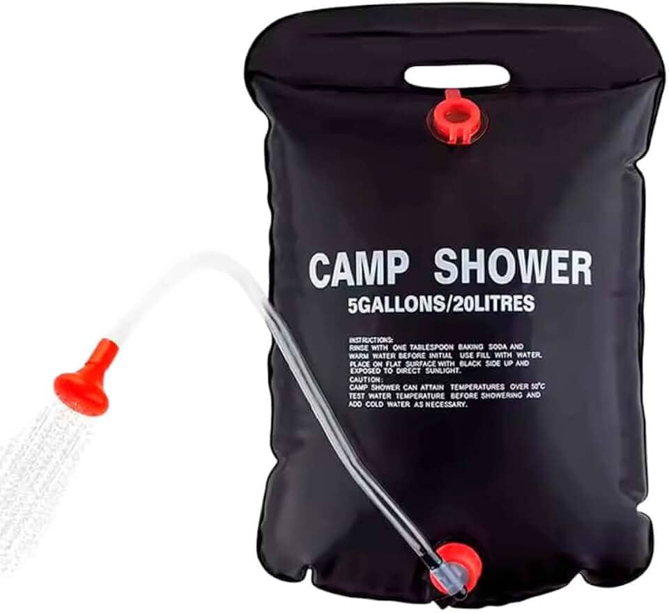 Chuveiro de Camping Portátil, 20 Litros, PVC Preto, com Mangueira de 68cm e Válvula On/Off