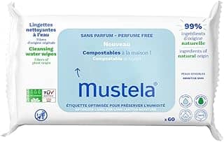 Mustela Toalhas Umedecidas Compostáveis Sem Perfume 60 Unidades - Feito com 99% de Ingredientes Naturais - Lenços Umedecidos sem fragrância Mustela Bebê e Criança