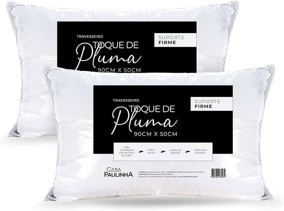 Kit 2 Travesseiros King 90x50 Cm Toque De Pluma Firme E Macio – Alto, Antialérgico, Antiácaro, Lavável, Ideal Para Dormir De Lado Ou Costas, Conforto Premium Casa Paulinha