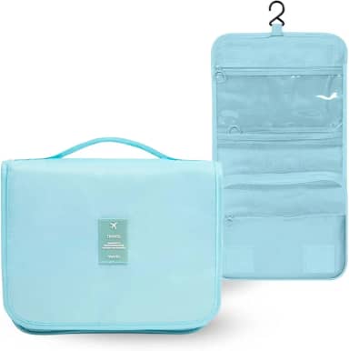 Necessaire de Viagem Organizadora com Gancho, 5 Divisórias, Material Resistente à Água, 23 x 19 x 10 cm,(Ciano)