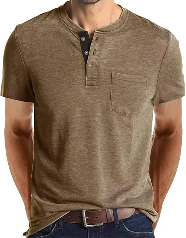 Camisetas masculinas Henley de algodão manga curta moda respirável com botão com bolso adequado para uso diário camisa casual