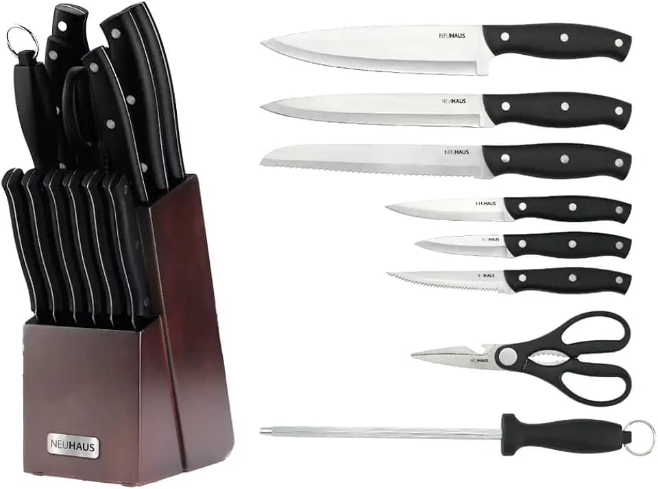 NEUHAUS JOGO DE FACAS EM AÇO INOXIDÁVEL 14 PEÇAS NEXUS - 1 FACA DO CHEF, 1 FACA DE FATIAR, 1 FACA DE PÃO, 1 FACA UTILITY, 1 FACA DE DESCASCAR, 6 FACAS PARA CARNES, 1 CHAIRA, 1 CEPO DE MADEIRA