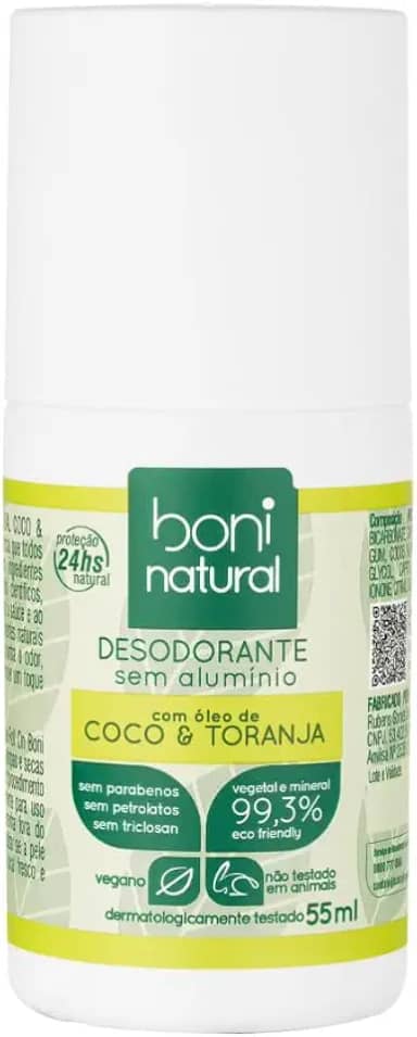 Desodorante Roll-On sem Alumínio, Natural, Vegetal e Vegano, Coco e Toranja, Boni Natural, 55ml