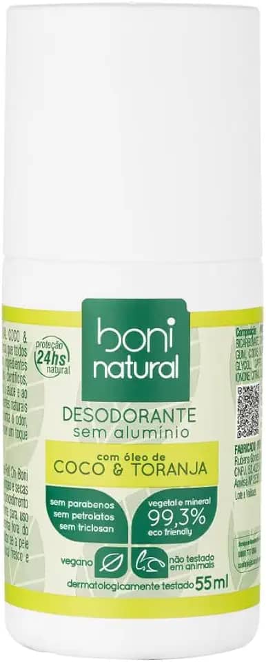 Desodorante Roll-On sem Alumínio, Natural, Vegetal e Vegano, Coco e Toranja, Boni Natural, 55ml