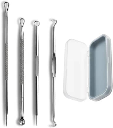 Kit Removedor de Cravos e Espinhas Profissionais com 4 Peças em Aço Inox + Estojo Ferramentas para Limpeza de Pele, Acne e Higiene Facial Segura Skin Care Diário e Cuidados com a Pele