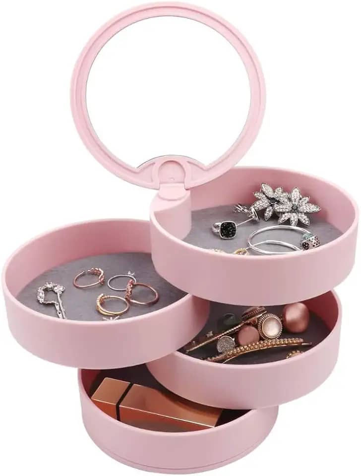 Porta Joias Redondo com 4 Andares 360° - Organizador de Penteadeira - Caixa Organizadora de Joias com Espelho - Porta Joias Redondo Giratório - Shop100 (Rosa)