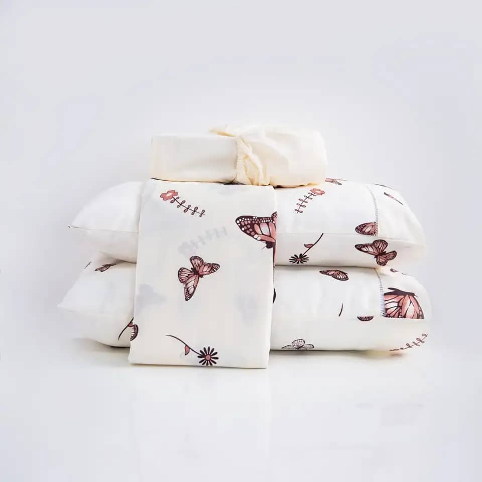 Jogo De Lençol Casal Queen King 4 Peças 100% Algodão Percal 200 Fios Estampado (Queen, Borboletas Lilás)