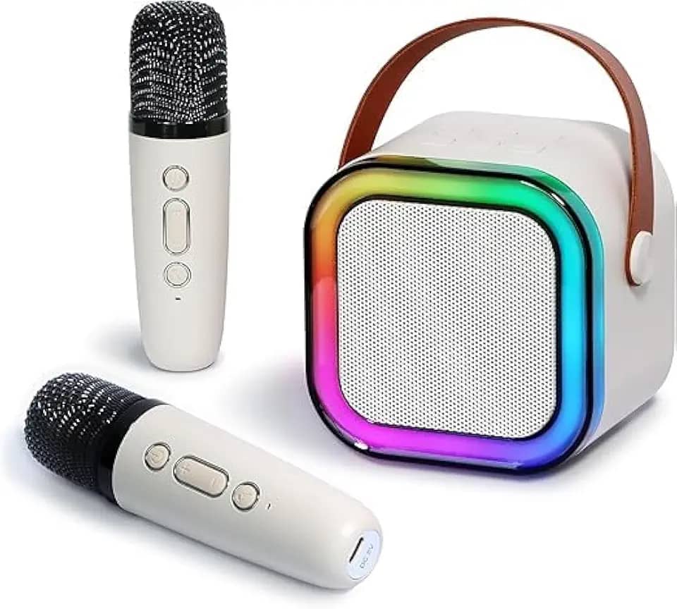 Kit Karaokê Portátil com 2 Microfones Bluetooth LED RGB Recarregável USB para Festas e Viagens (Bege)