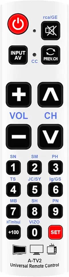 A-TV2 Controle remoto universal de TV com botão grande compatível com Vizio Panasonic Sanyo Samsung Toshiba Hisense Sony Philips Haier LG Sansui Sylvania Element Polaroid Emerson Dynex Insignia TV