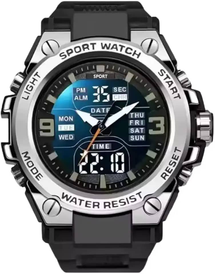 Relógio Digital e Analógico Tático Estilo Militar Esportivo Resistente Shock I Relógio de Pulso Masculino Ideal para Homem Sobrevivência À prova D'água Com LED Noturno Cronômetro Data e Pulseira Resistente Robusto de Alta Durabilidade (Detalhes Cinza)