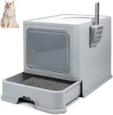Caixa de Areia para Gatos, 50x40x40CM, Cinza, Fechada, Grande Capacidade, Porta Transparente de Abertura Dupla