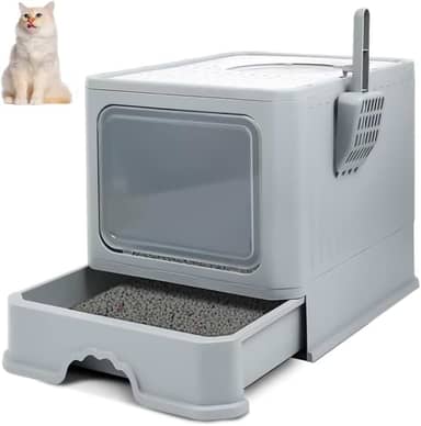 Caixa de Areia para Gatos, 50x40x40CM, Cinza, Fechada, Grande Capacidade, Porta Transparente de Abertura Dupla