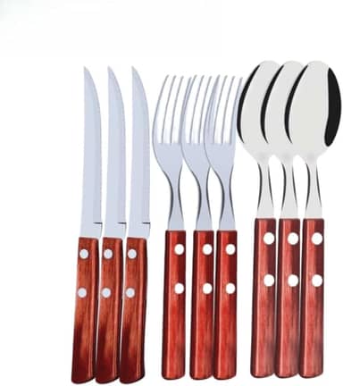 36 Unidades de Talher 12 Colher 12 Garfo 12 Faca de Inox com Cabo de Madeira Faqueiro Conjunto Variáveis Premium- Churrascos e Restaurantes (12 FACA 12 GARFO 12 COLHER)