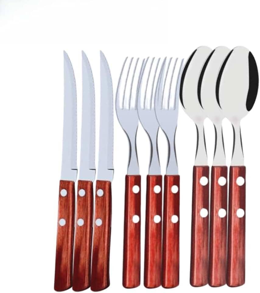 36 Unidades de Talher 12 Colher 12 Garfo 12 Faca de Inox com Cabo de Madeira Faqueiro Conjunto Variáveis Premium- Churrascos e Restaurantes (12 FACA 12 GARFO 12 COLHER)