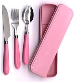 Jogo De Talher Inox Portátil 3 Peças Com Estojo | Colher Garfo Faca Marmita Viagem Trabalho Escola – Cabo Plástico Resistente, Higiene e Praticidade- Rosa