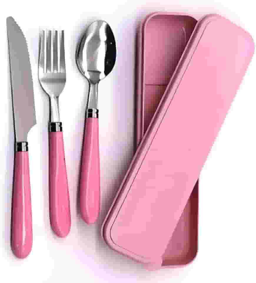 Jogo De Talher Inox Portátil 3 Peças Com Estojo | Colher Garfo Faca Marmita Viagem Trabalho Escola – Cabo Plástico Resistente, Higiene e Praticidade- Rosa
