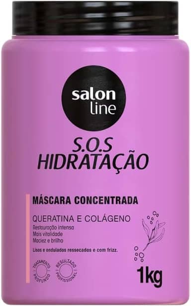 Salon Line, Máscara Capilar, SOS Hidratação, Concentrada, Queratina e Colágeno - Cabelos Lisos, Ondulados, Cacheados e Crespos, 1 Kg