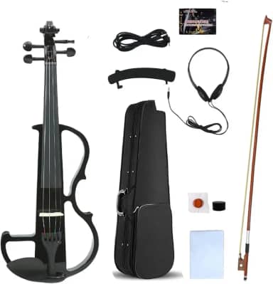 Yinfente Violino elétrico 4/4 tamanho completo silencioso 4 cordas estudante iniciante violino ébano acessórios com estojo laço descanso de ombro cabo de resina fone de ouvido