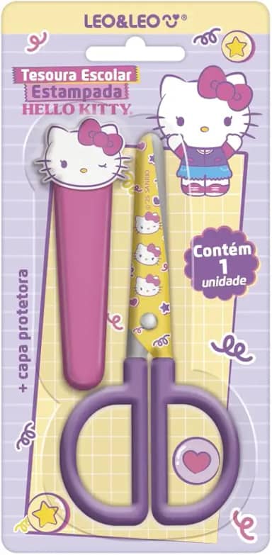 TESOURA ESCOLAR ESTAMPADA COM CAPA HELLO KITTY - BLISTER C/ 1 UND LEO&LEO