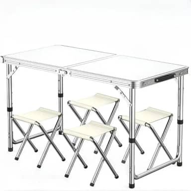 Mesa Dobrável Portátil de Alumínio em Maleta 120x60cm /4 Banquetas - Prática para Camping, Praia, Área Externa e Viagens - Vira Maleta com Alça Resistente(Branco +4 Bancos(120x60))