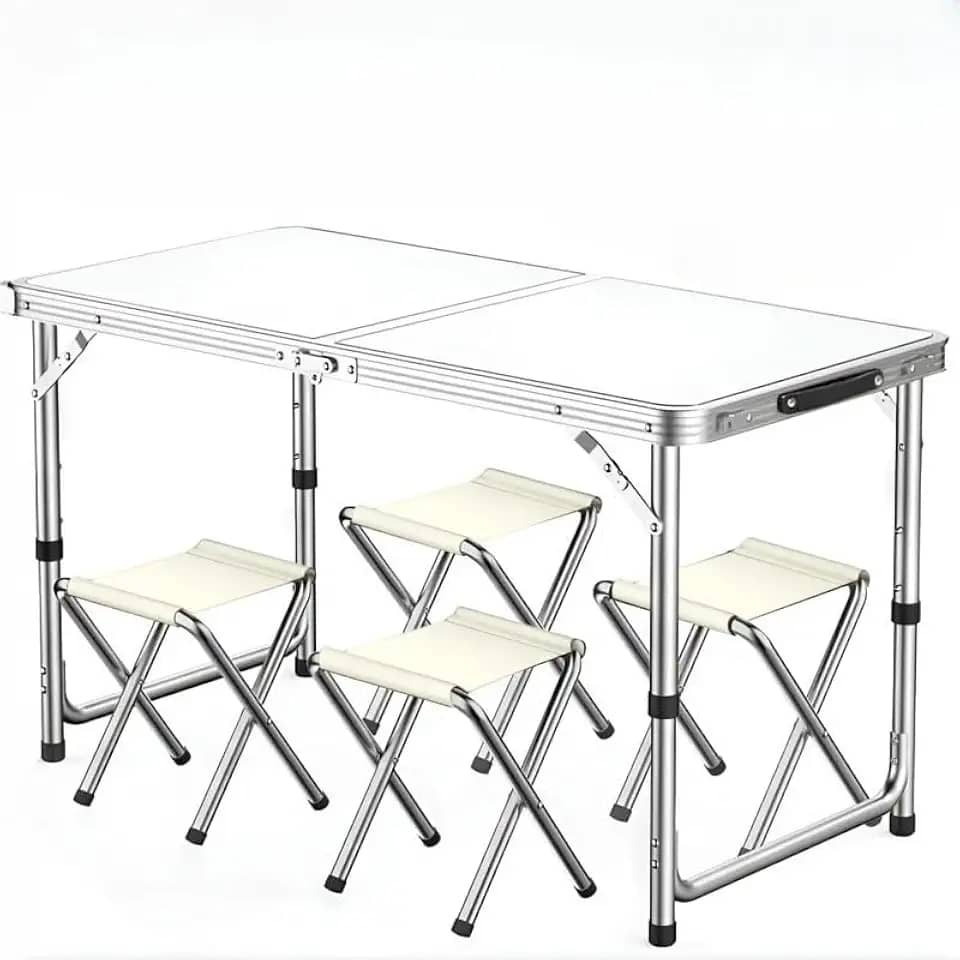 Mesa Dobrável Portátil de Alumínio em Maleta 120x60cm /4 Banquetas - Prática para Camping, Praia, Área Externa e Viagens - Vira Maleta com Alça Resistente(Branco +4 Bancos(120x60))