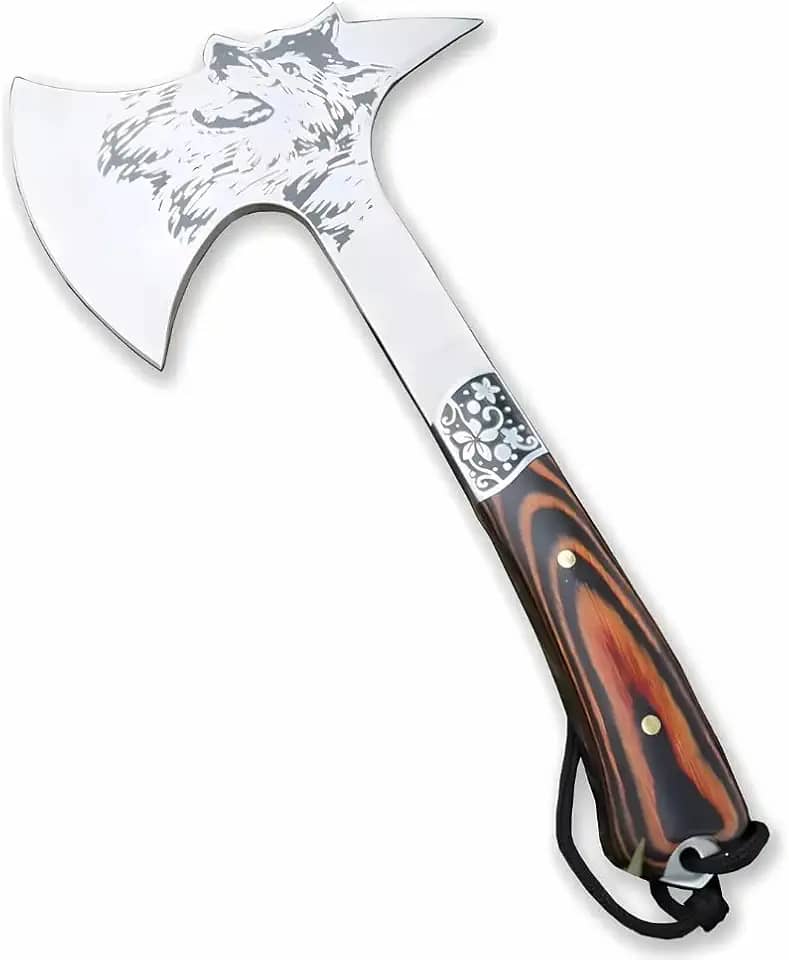 Machado Tático Lobo do Norte, Tomahawk de Combate com Cabo em Madeira, Decoração em Prata
