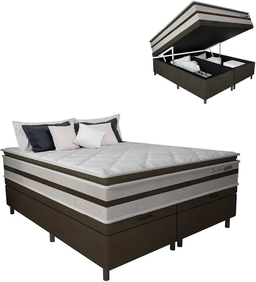 Cama Box Baú Casal King Gazin Colchão Molas Ensacadas Pillow Top Love Story 193x203x71cm Branco/Marrom - Suporta Até 120Kg Por Pessoa