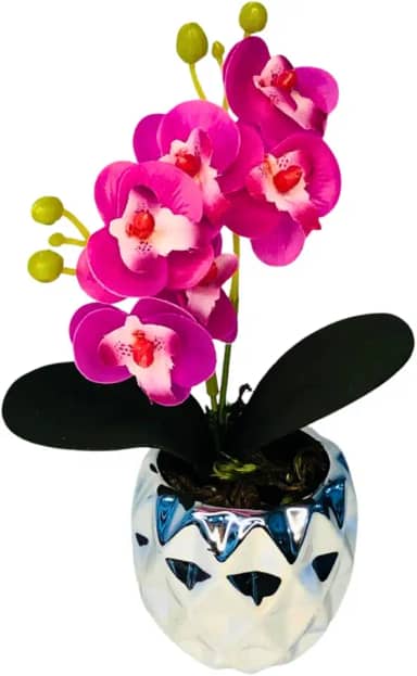 Orquídea Artificial Rosa com Vaso Decorativo Geométrico, 20 cm