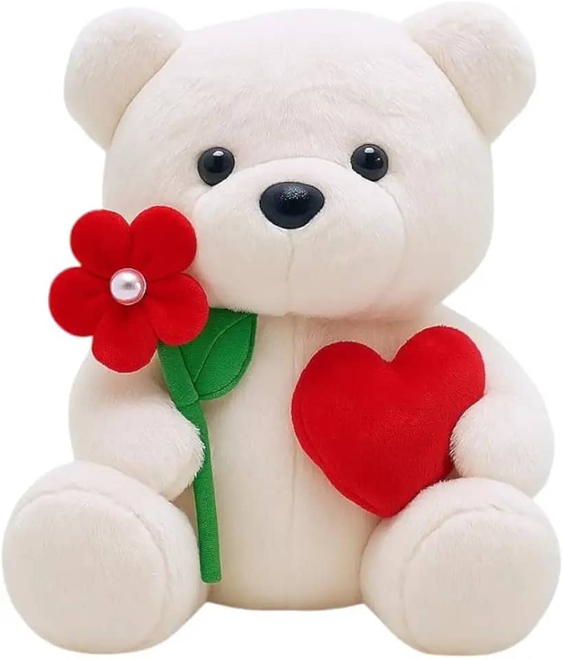 Wu Bichos de Pelúcia Urso Lovezinho, Pelúcia Macia, 22cm, Branco com Flor e Coração Vermelho, Presente Romântico