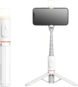 H'MASTON Bastão Pau de Selfie Tripé para Celular com iluminação Bluetooth Controle Remoto Portátil Retrátil para iOS e Android (BRANCO)
