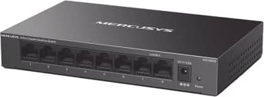 MS108GS: Switch Gigabit de 8 portas MERCUSYS, com auto negociação, Auto-MDI/MDIX, caixa metálica, economia de energia, instalação fácil, plug and play, sem necessidade de configuração.