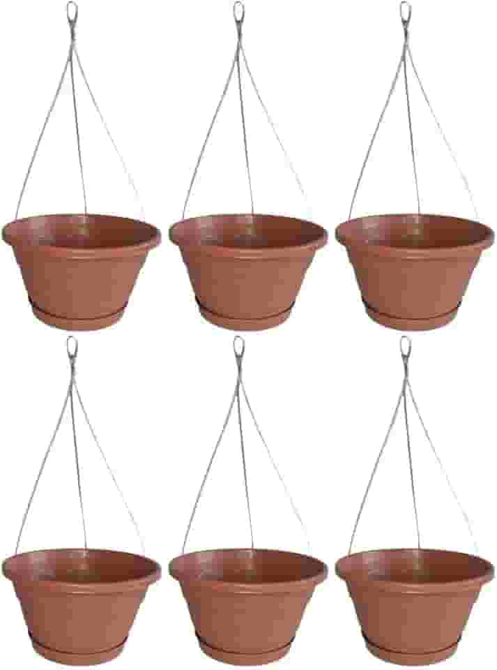 Kit 6 Vaso Cuia 21 Suspenso Com Prato + Cabo de Aço 40cm Vaso Pendente de Parede Para Samambaia Cerâmica Terracota de Plástico Reciclado - 1927