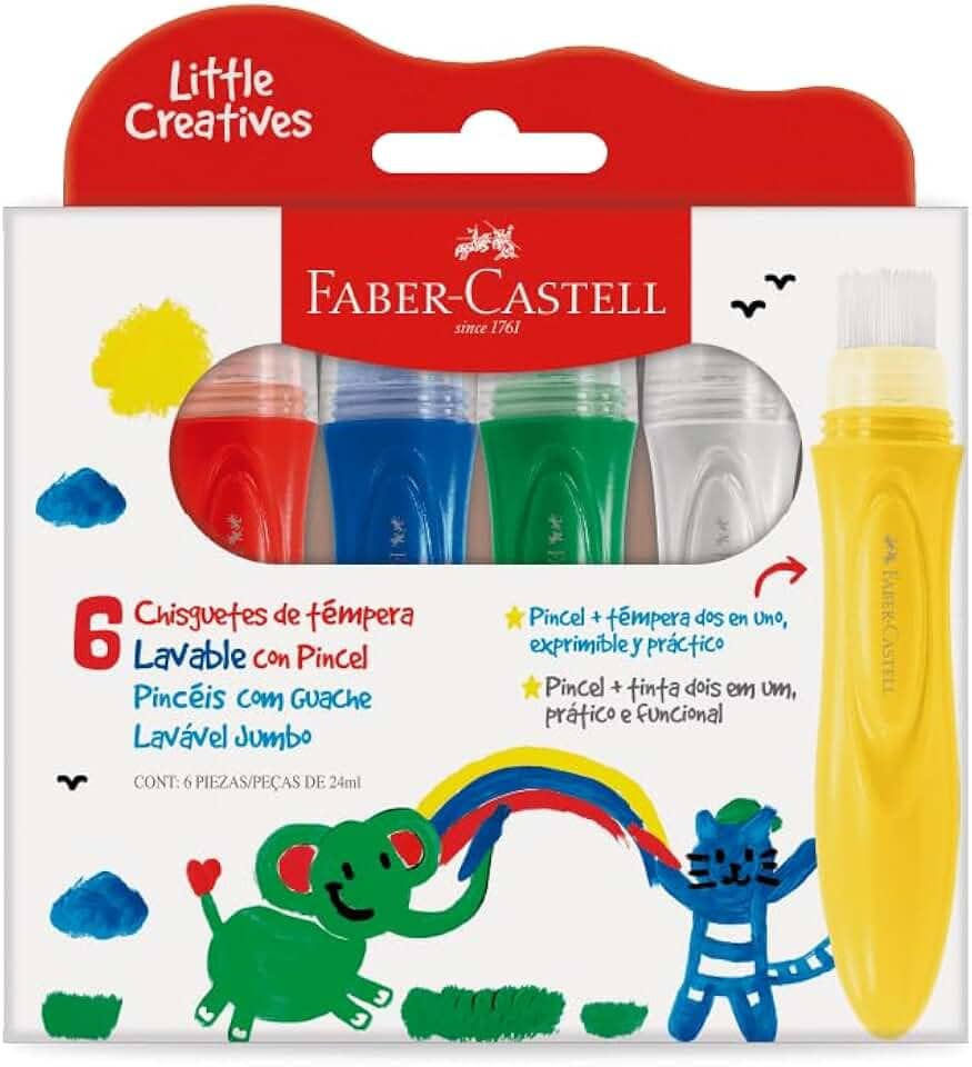 Pincéis com Tinta Guache Jumbo Little Creatives, Faber-Castell, Kit Pintura Infantil, Pré-escola, 6 Cores