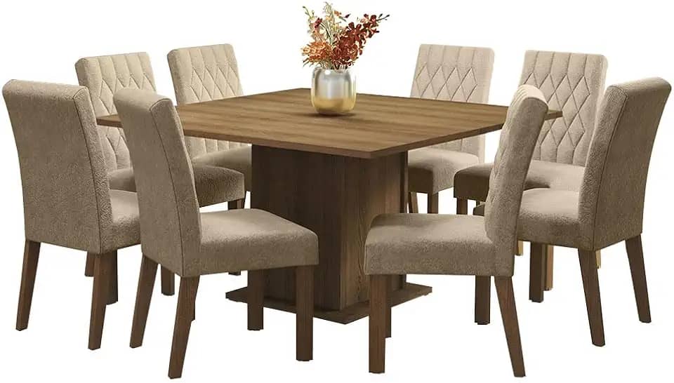 Conjunto Sala de Jantar Mesa Tampo de Madeira 8 Cadeiras Leila Madesa