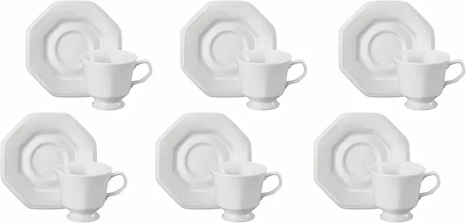 Estojo com 6 Xícaras Chá com Pires em Porcelana- Modelo Octogonal Prisma - Branca - fabricado pela Schmidt