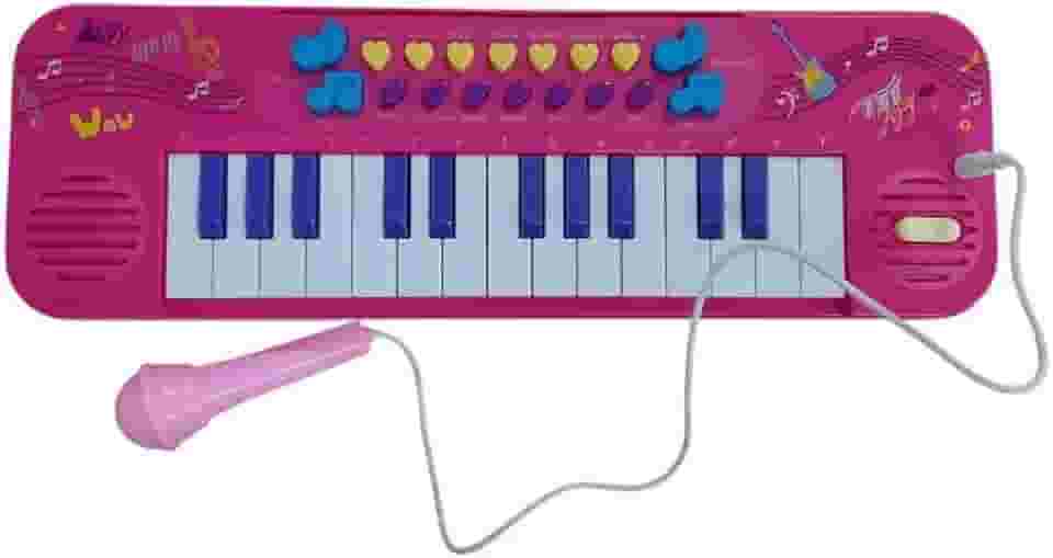 Teclado Musical Infantil Eletrônico com Microfone – 25 Teclas, Gravação, Replay, Ritmos e Sons de Bateria – Brinquedo Educativo Rosa - Apartir De 3 anos