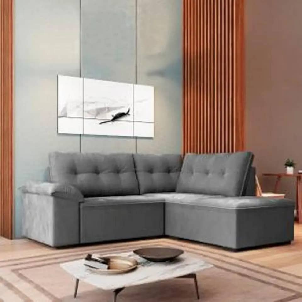 Sofá de Canto Retrátil 1,93m Cama 5 Lugares Tóquio Cinza Veludo