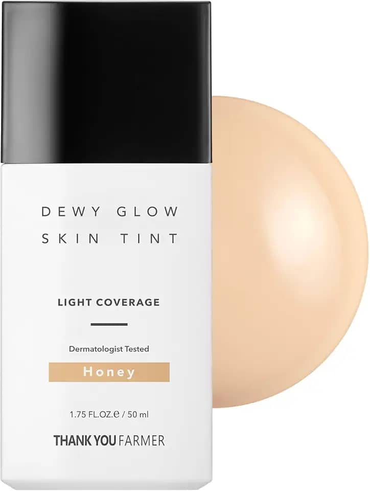 THANK YOU FARMER Dewy Glow Skin Tint, hidratante matizado de longa duração, cobertura leve, vitamina B3, niacinamida, adenosina, maquiagem coreana testada por dermatologistas, mel, 52 ml