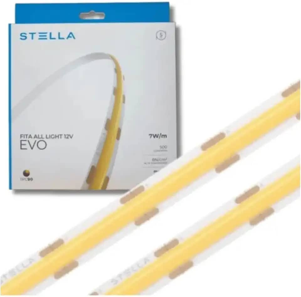 Fita LED 5m All Light Evo 12V 7W/m Stella STL24804 5m 288 LEDs COB/m IRC>90 Luz Branco Quente 2700K