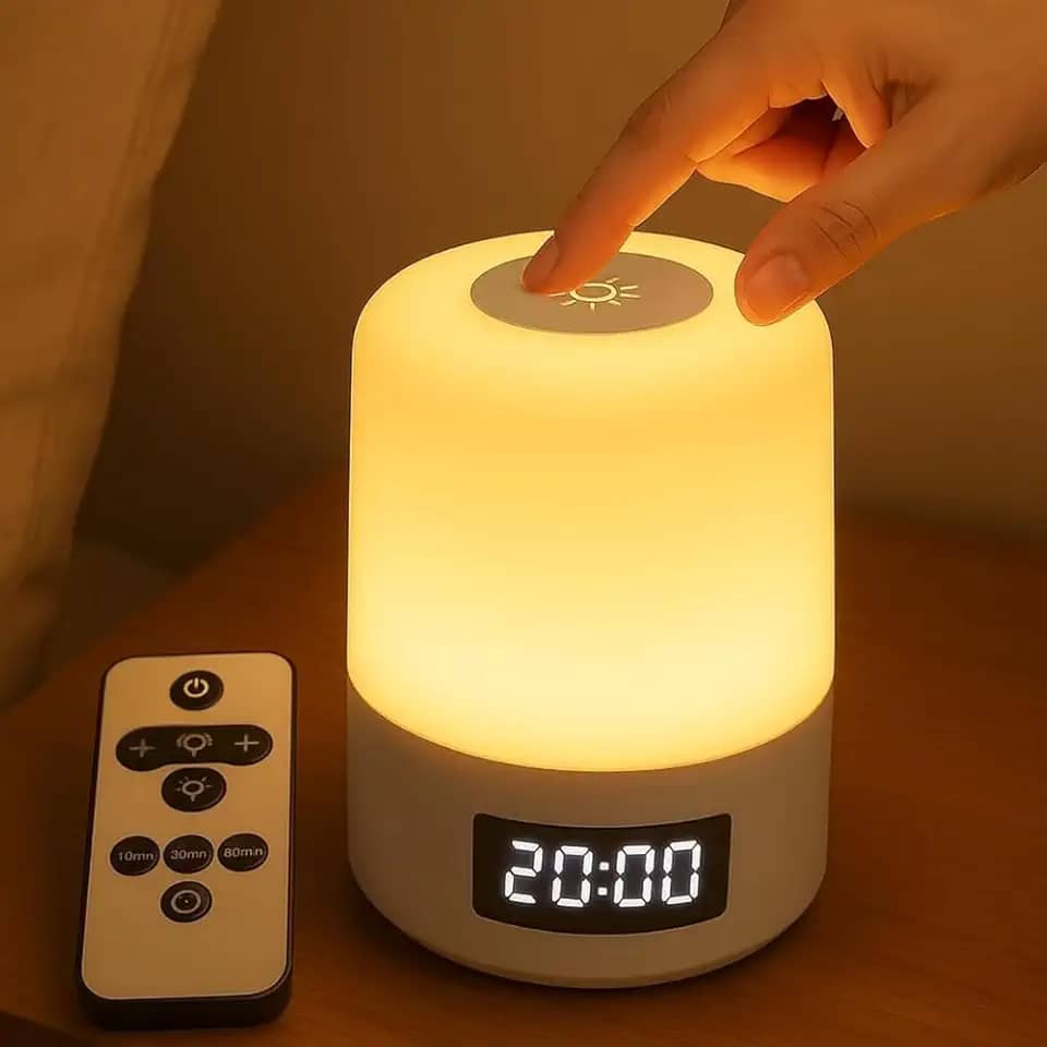 Luminária de Mesa LED Recarregável com Relógio Digital, Controle Remoto, Abajur Touch 3 Tons Iluminação 360° Portátil USB para Quarto, Escritório, Leitura, Berçário, Presente Criativo