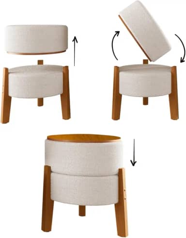 Puff Estilo mesa em Tecido boucle Bege Com Pés em madeira maciça-1uni