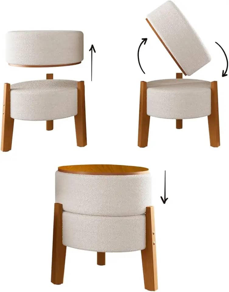 Puff Estilo mesa em Tecido boucle Bege Com Pés em madeira maciça-1uni