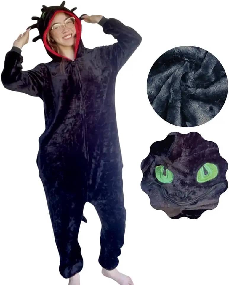 Pijama Kigurumi Dragão Peluciado Macacão com Capuz Manga Longa Unissex