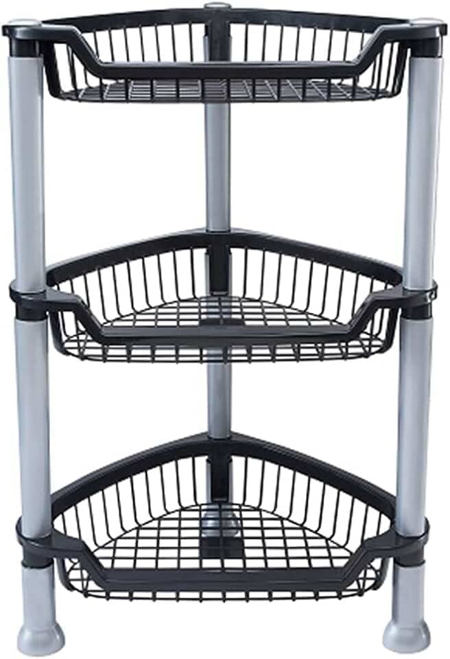 Fruteira Cesto Organizador Empilhável Triangular 3 Andares Preto e Cinza Desmontável