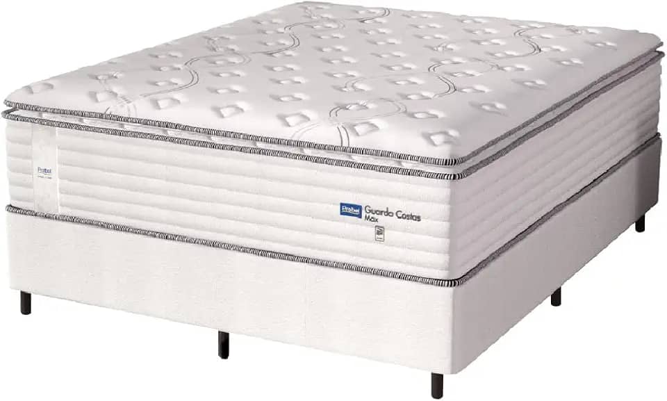 Cama Box Casal King Colchão Molas Guarda Costas Max Com Pillow Probel 193x203x78cm Branco/Cinza