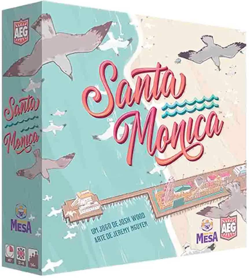 Jogo de tabuleiro Santa Monica, construa sua praia, atraia turistas, construção de cidades, maiores de 14 anos, 2-4 jogadores, 30-45 min Vem pra Mesa
