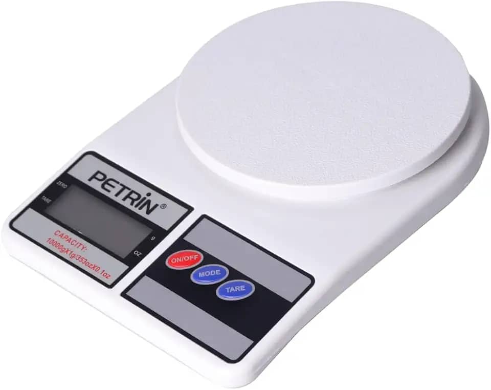 PETRIN Balança Digital de Cozinha, Alta Precisão 1g/10kg, LCD Display, Branca, com Função Tara, para Culinária, Nutrição e Confeitaria, 185x130x35mm