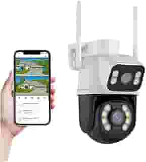 Câmera de Segurança WiFi Externa HD 3MP, IP Sem Fio com Visão Noturna Infravermelha, Dupla Lente Grande Angular, À Prova D'Água IP66, Detecção de Movimento e Áudio Bidirecional