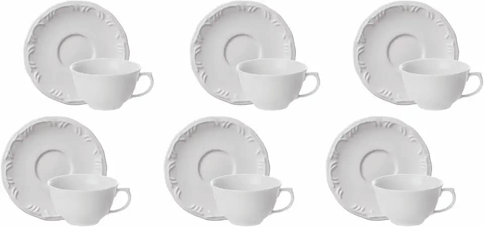 Estojo com 6 Xícaras Chá com Pires sem Pé em Porcelana - Modelo Redondo com Relevo Pomerode - Branca - fabricado pela Schmidt